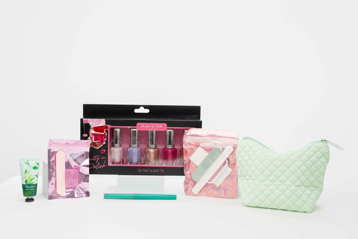 Quilted Pom Pom Plush Cosmetic Set