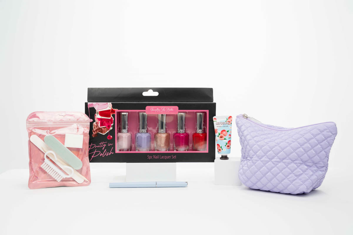 Quilted Pom Pom Plush Cosmetic Set